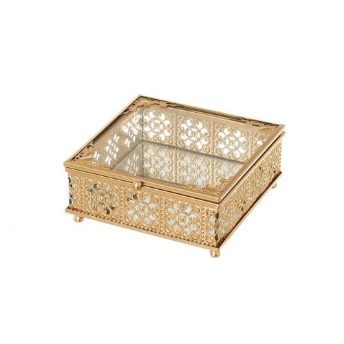 801665 CAIXA METAL-CRISTAL OURO 13 X 13 X 6 CM