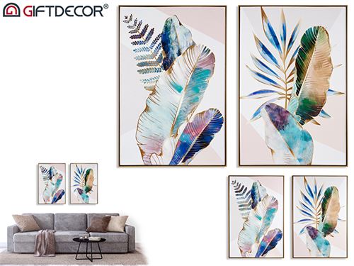 QUADRO FOLHAS COBRE E AZUL SORT2 122x82x4,5 CM