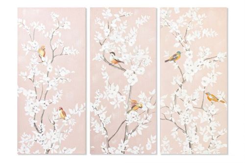 QUADRO TECIDO TELA 40X3X90 FLOWERS BIRDS